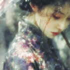 Woman in kimono under umbrella in rainy landscape