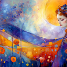 Watercolor Painting of Woman in Floral Crown at Sunset