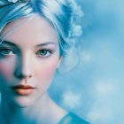 Young woman with blue hair and flower adornments