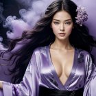 Lavender Kimono Figure Surrounded by Ethereal Smoke