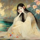 Serene Scene of a Woman in a Kimono by a Pond