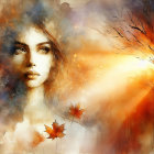 Serene portrait of a woman with blossoms and sunset hues
