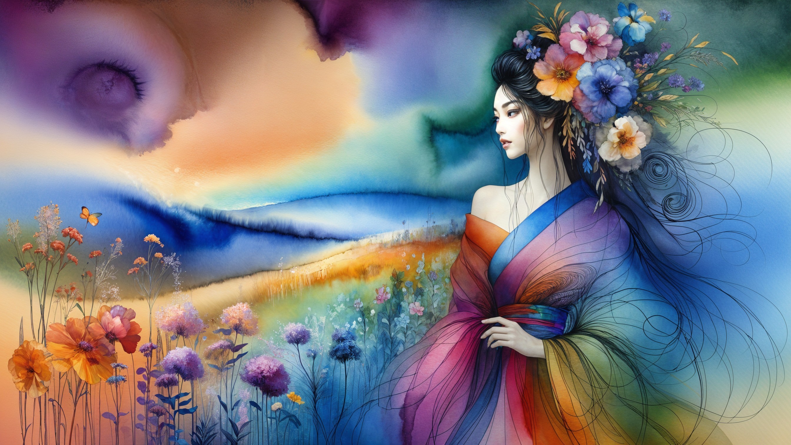 Serene Female Figure in Vibrant Kimono and Floral Crown