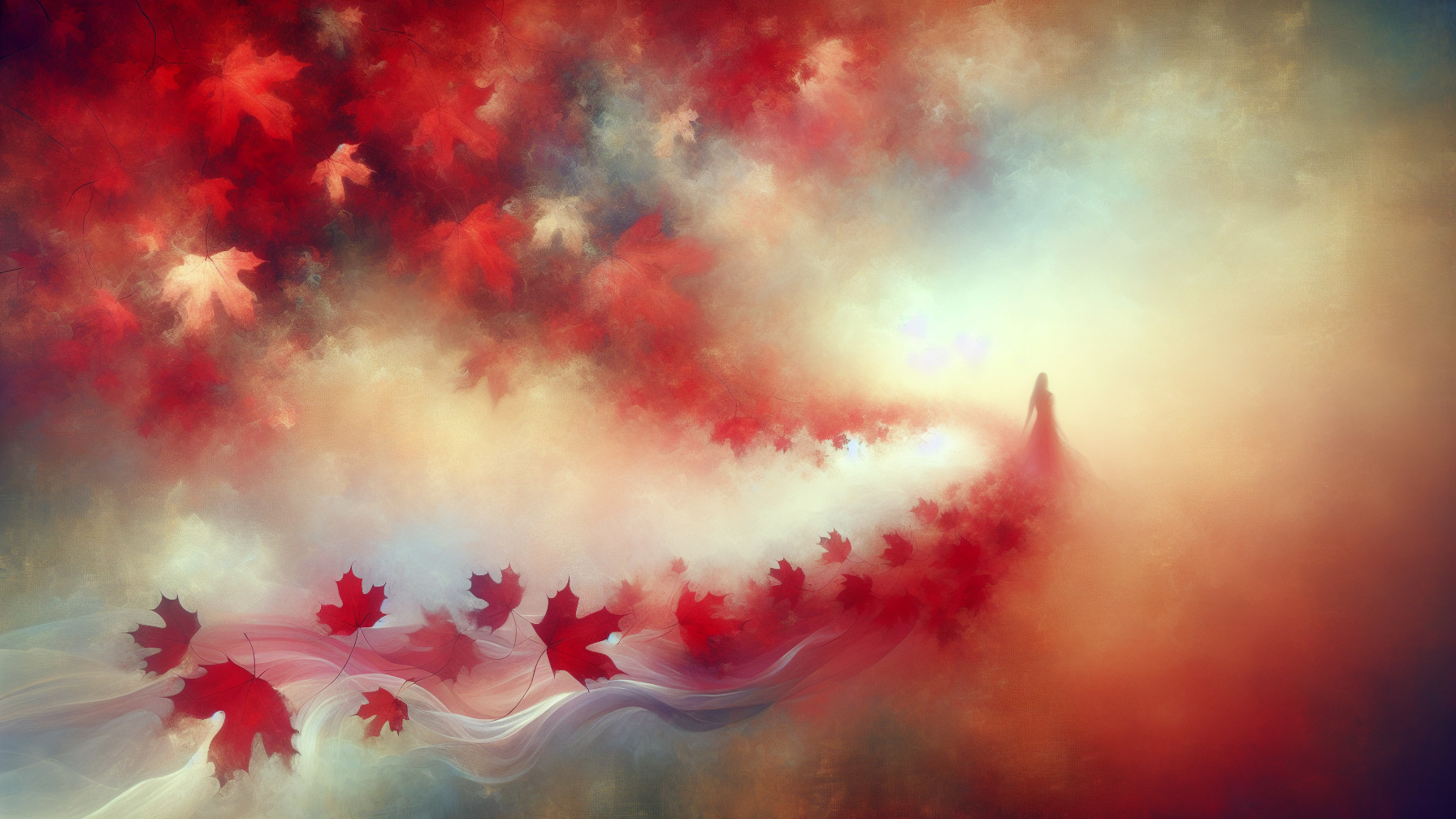 Mystical Scene of Swirling Red Maple Leaves
