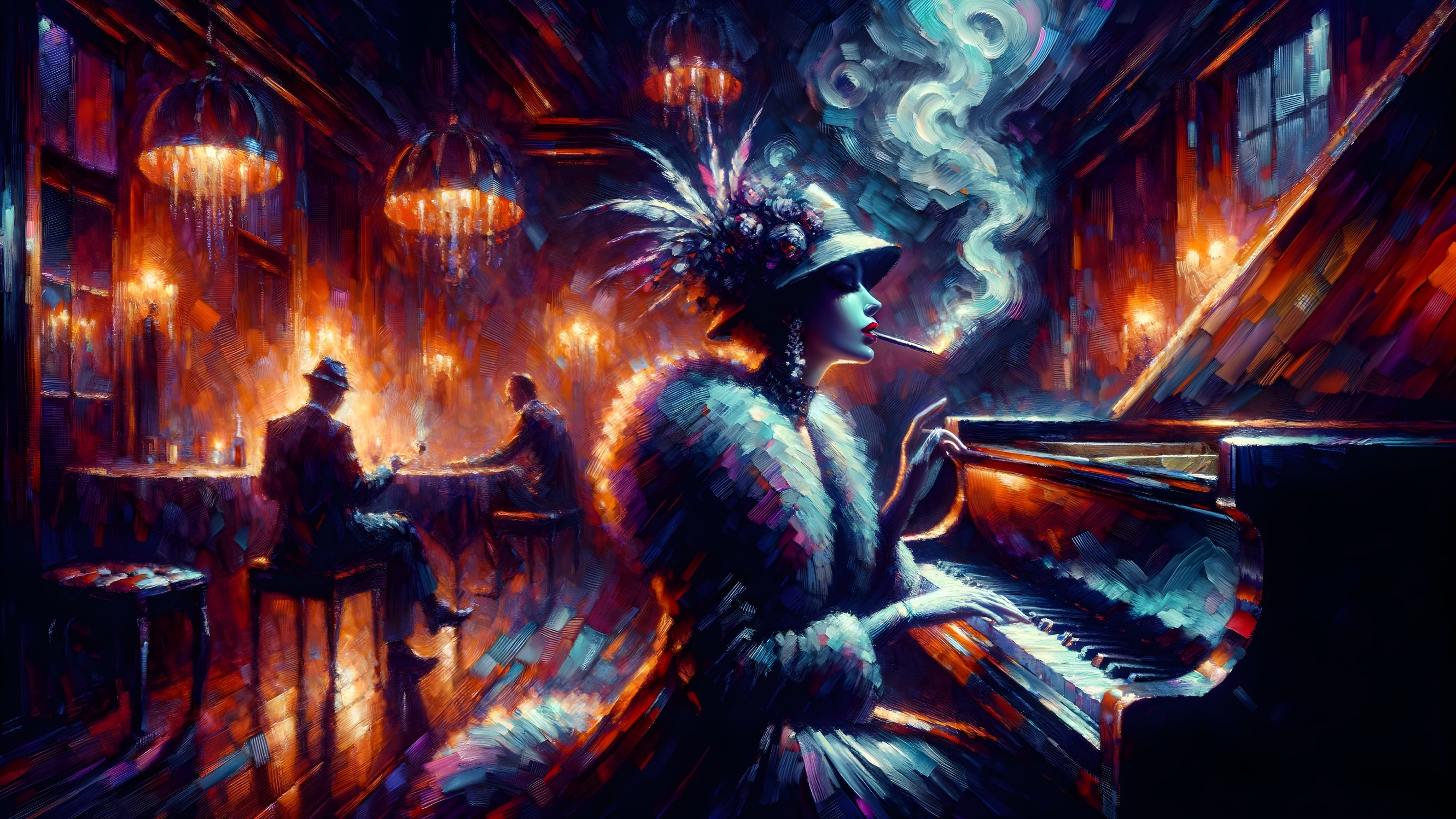Glamorous Woman Playing Piano in Vintage Lounge