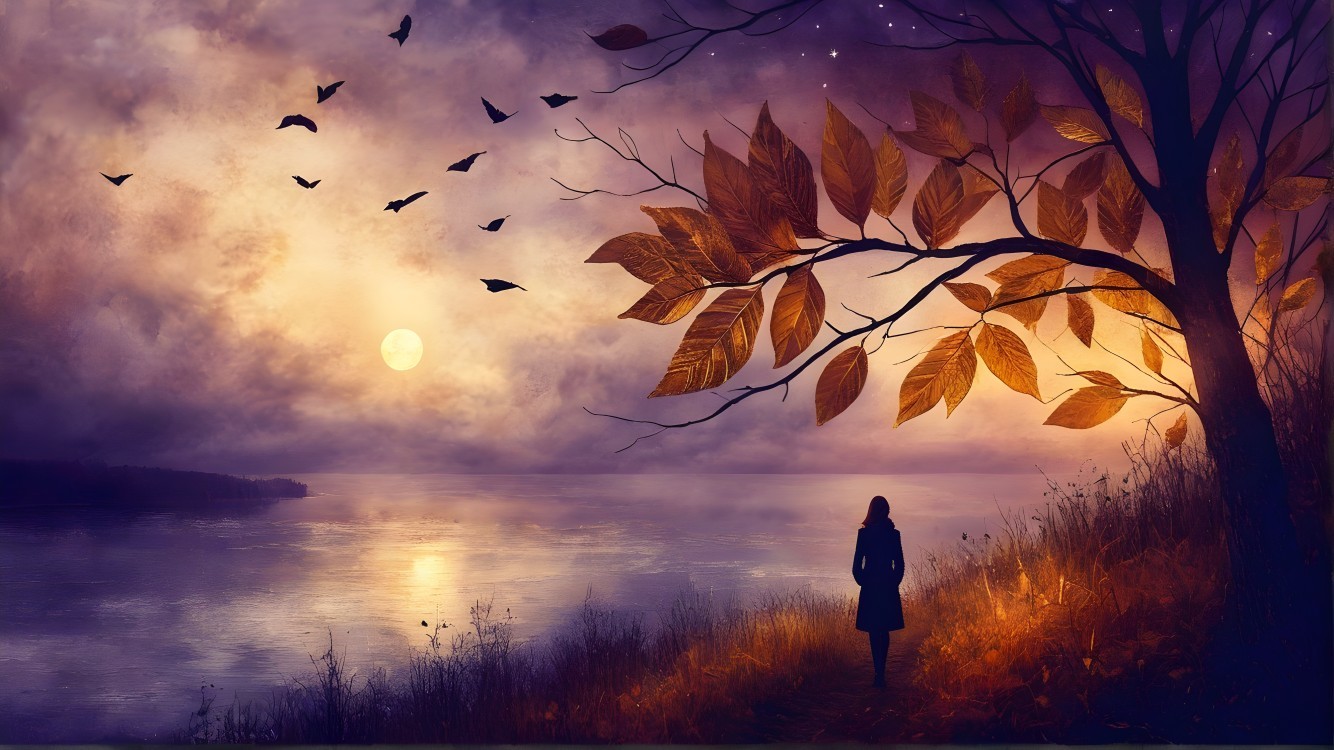 Silhouetted Figure by Tranquil River at Dusk