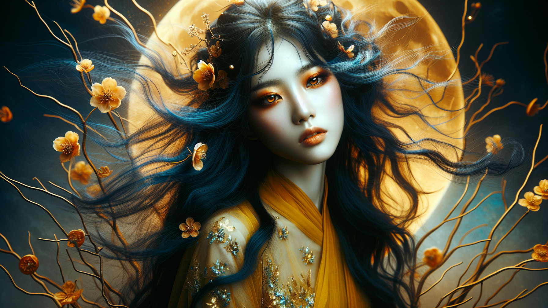 Portrait of a Young Woman with Blue Hair and Blossoms