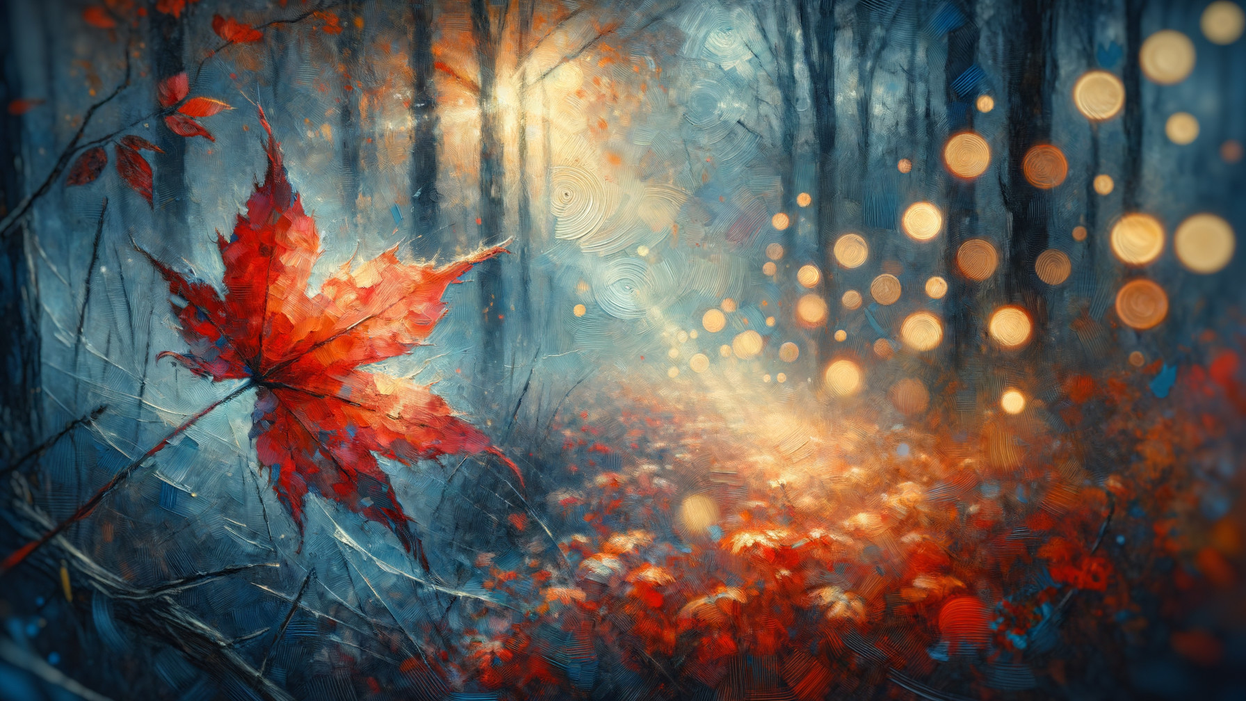 Vibrant Autumn Scene with Red Maple Leaf and Misty Forest