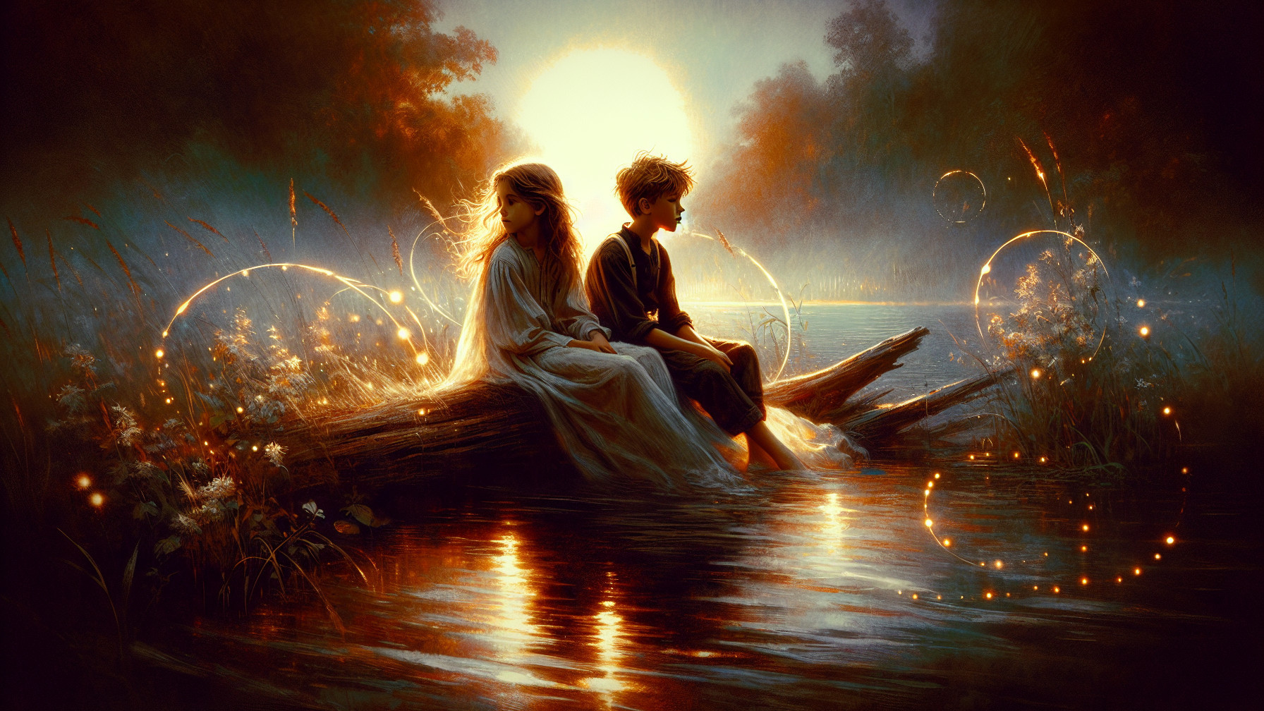 Children by a tranquil river at sunset with bubbles