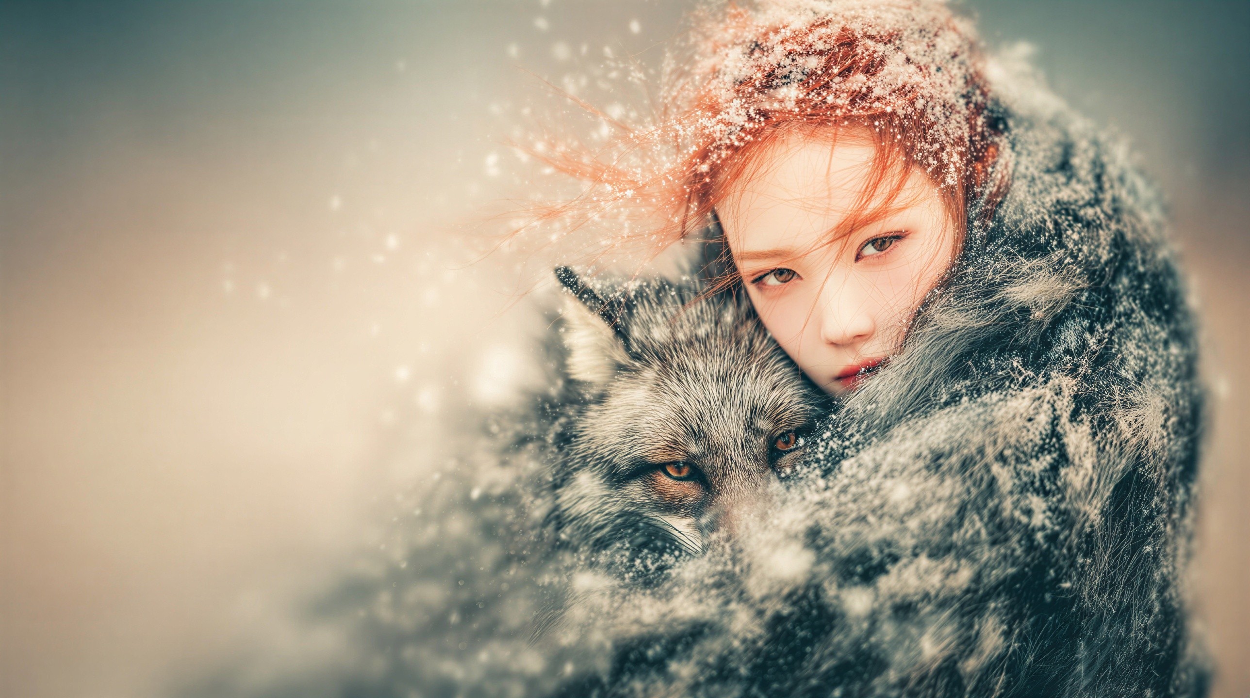 Young girl in fur cloak with wolf in snowy landscape