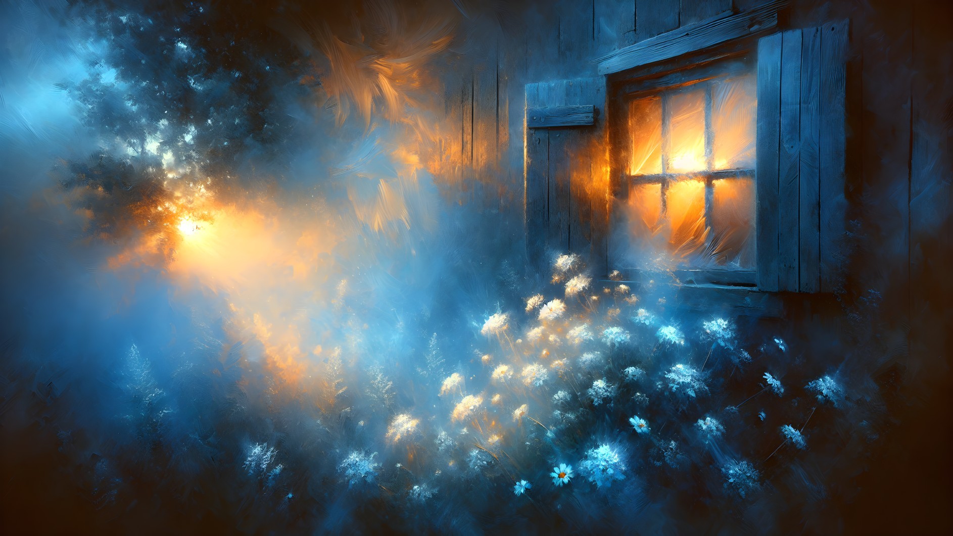 Twilight Scene with Rustic Window and Wildflowers