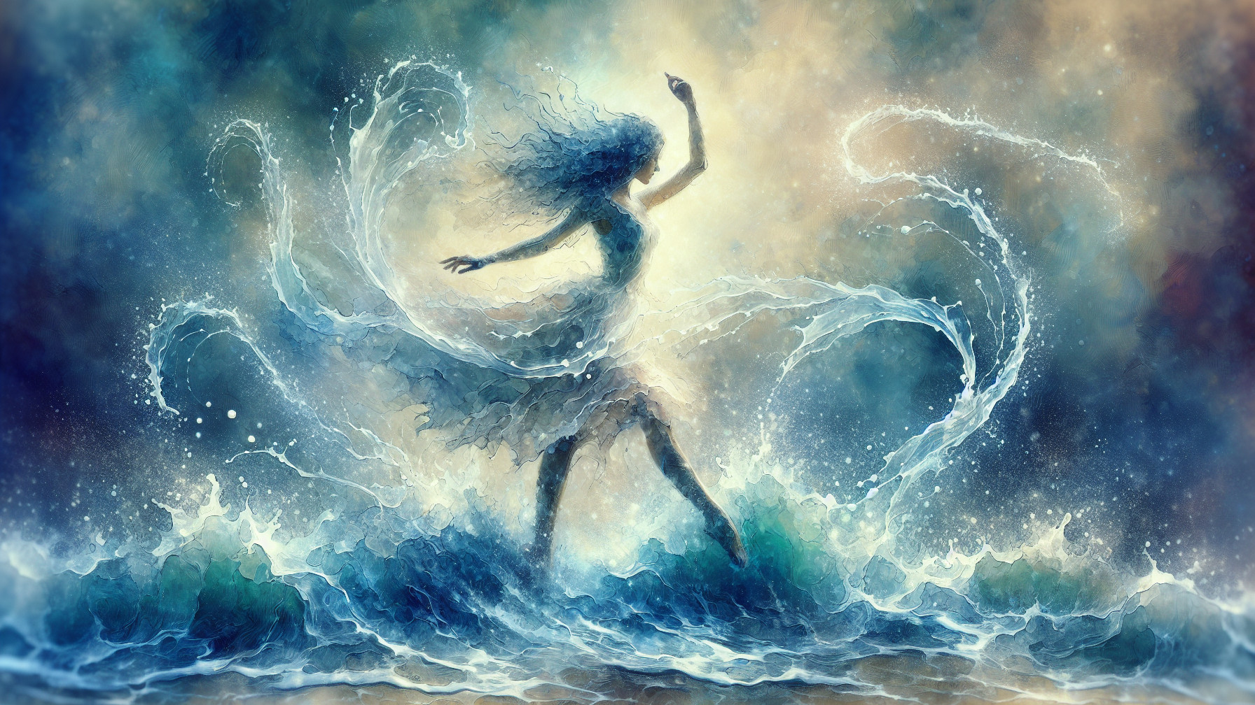 Digital painting of a woman dancing in water
