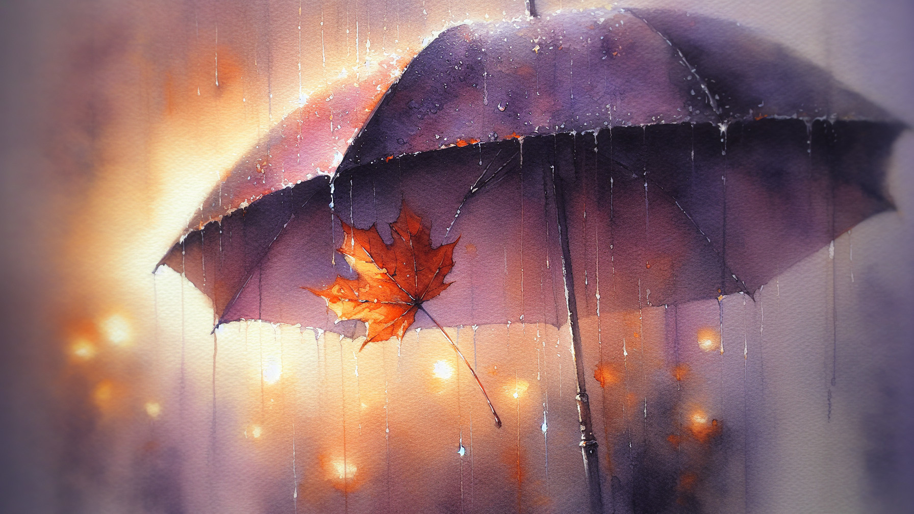 Painted Umbrella in Rainy Autumn Scene