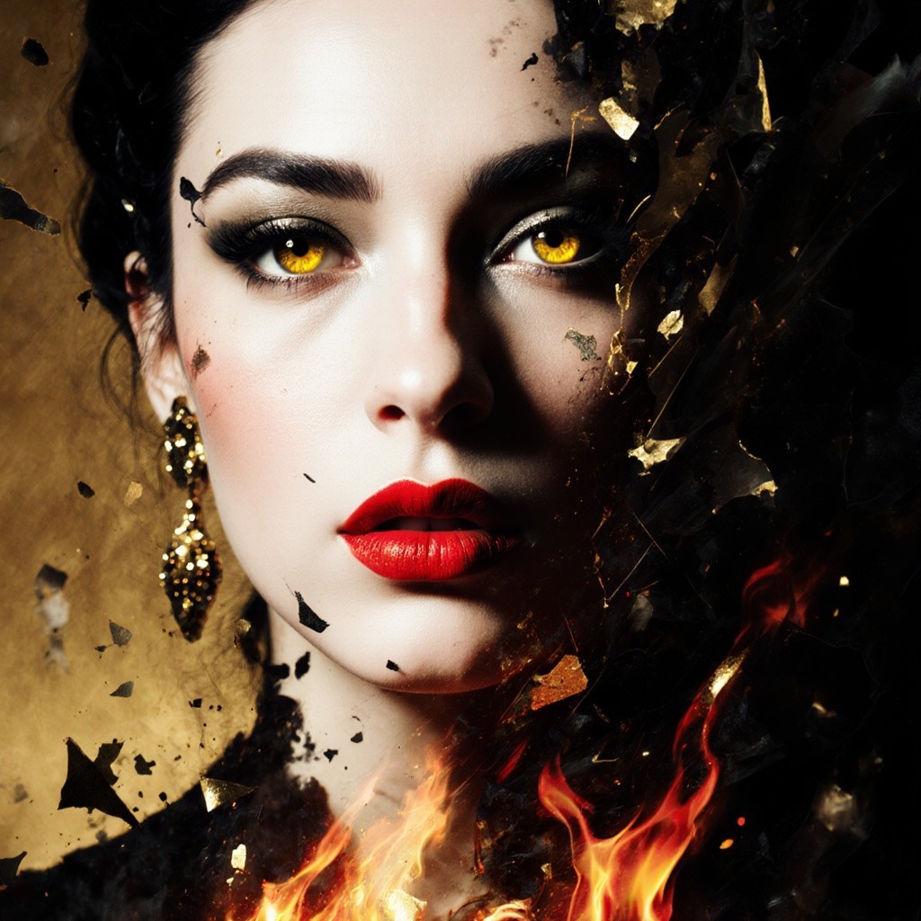 Portrait of a woman with yellow eyes and red lips