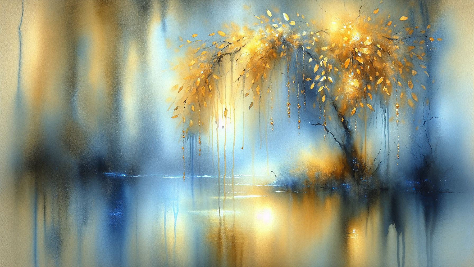 Watercolor Landscape with Golden Tree and Calm Water