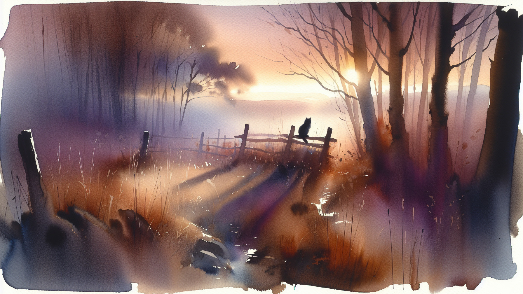 Misty Dusk Landscape with Trees and Wooden Fence