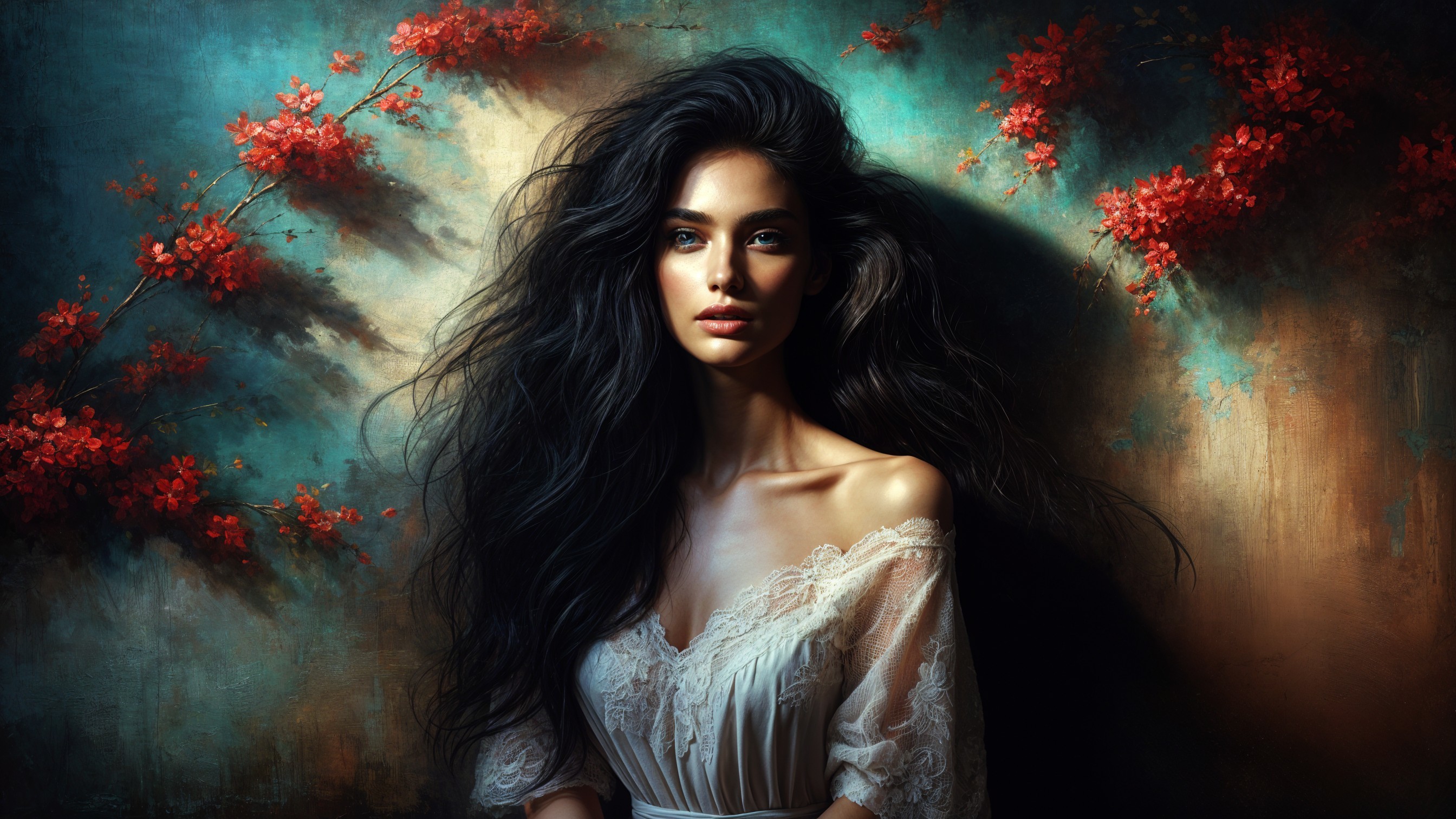 Portrait of a Woman in Lace Gown with Floral Background