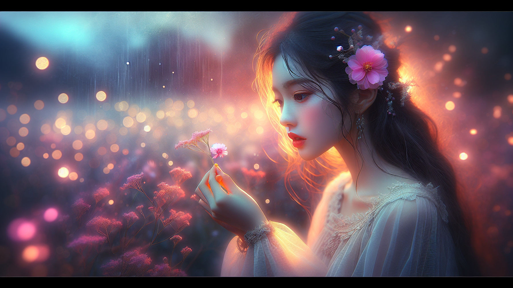 Young woman in flower field with delicate blossom