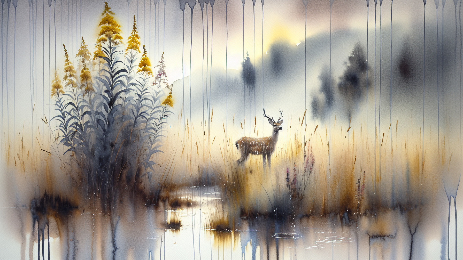 Tranquil Watercolor Landscape with Majestic Deer