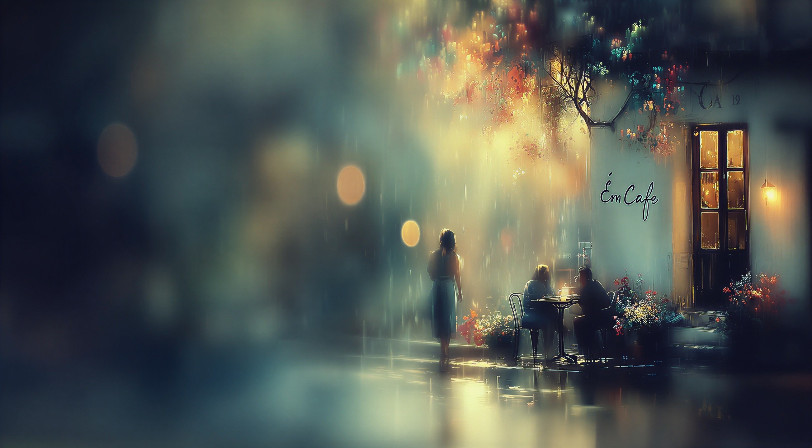 Serene café scene with golden light and raindrops