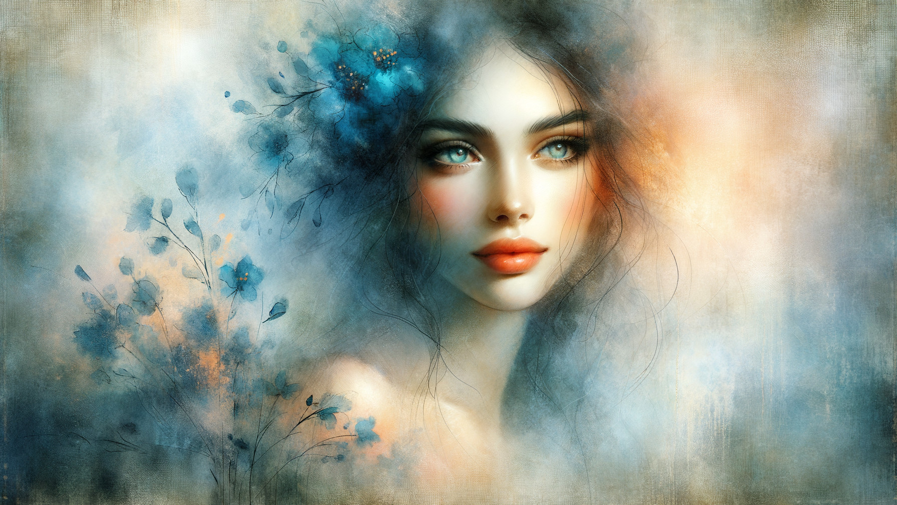Portrait of a Woman with Blue Eyes and Floral Accents
