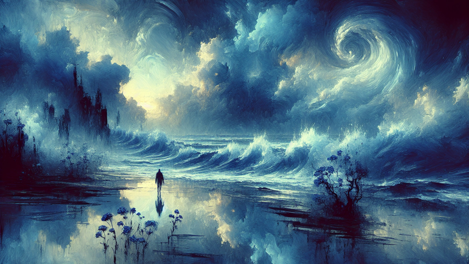 Seascape at Twilight with Waves and Stormy Sky