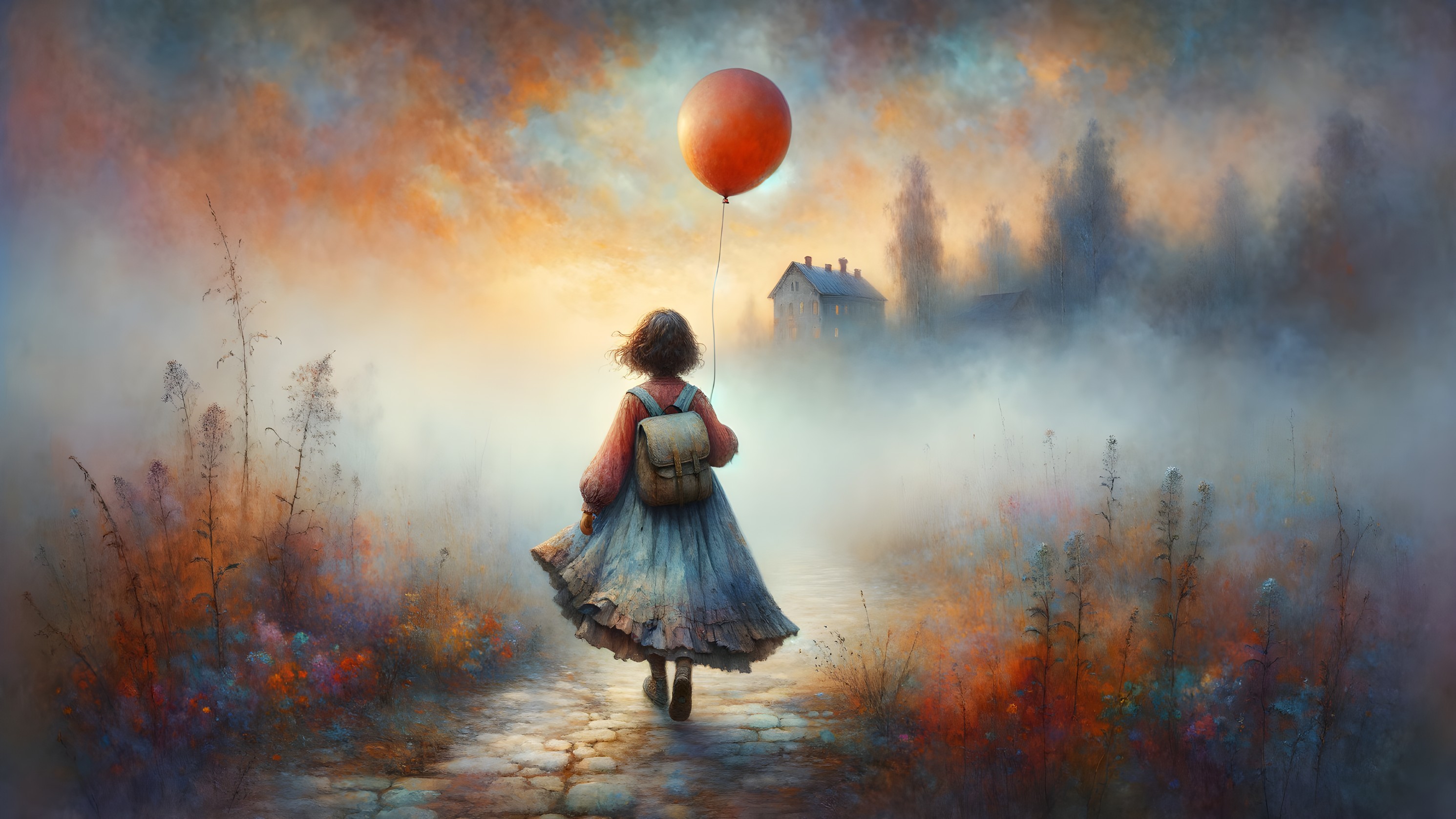 Young girl with balloon on misty path in warm landscape