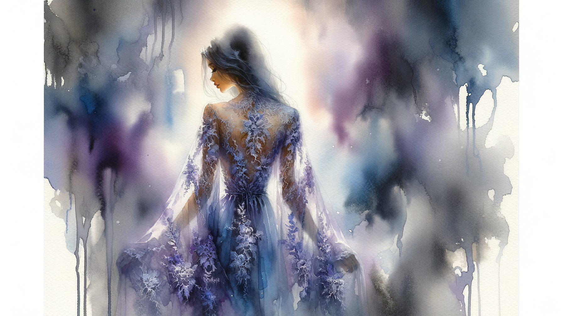 Watercolor Painting of a Woman in Floral Gown