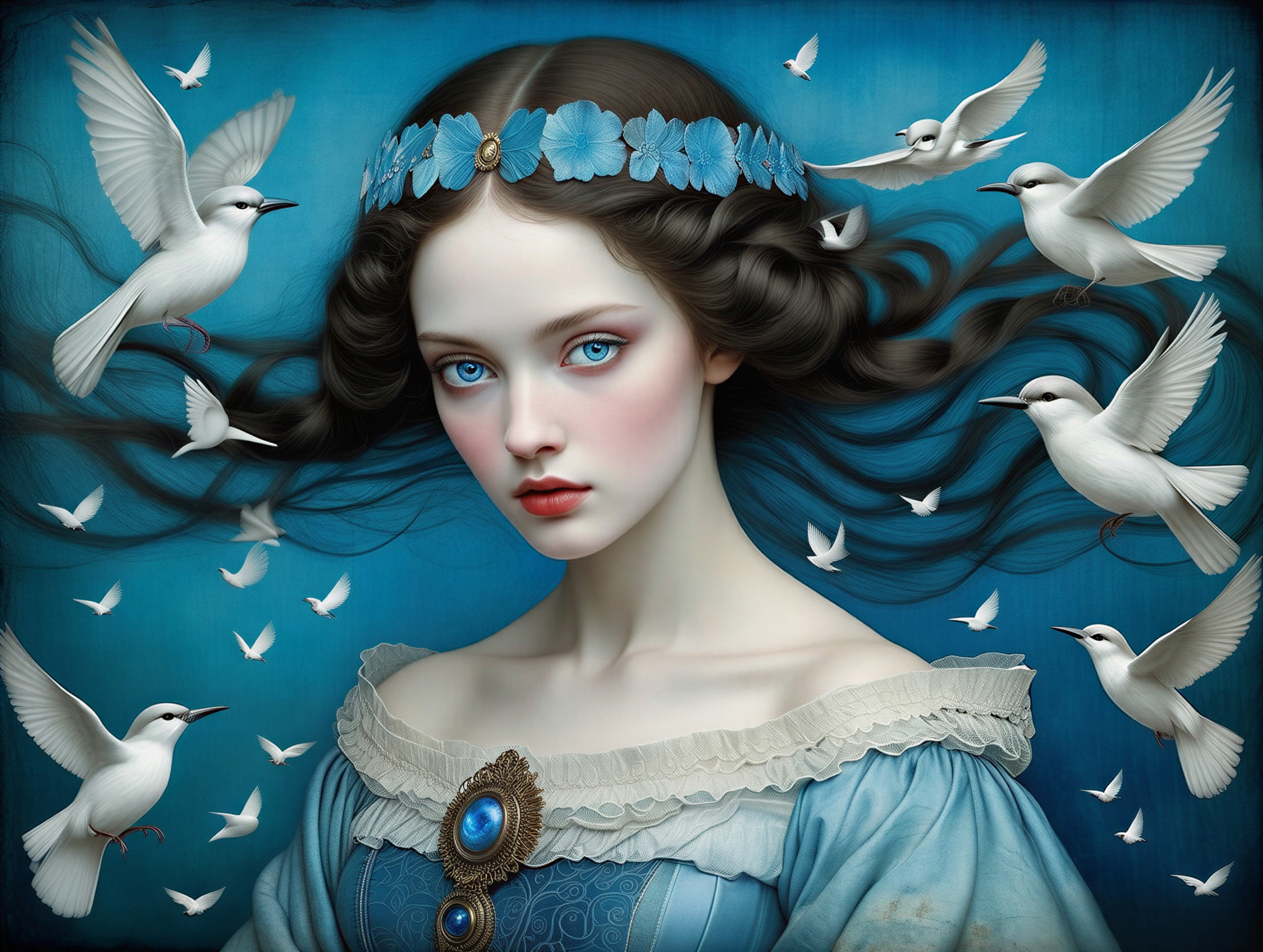 Young woman in pale blue dress against blue backdrop