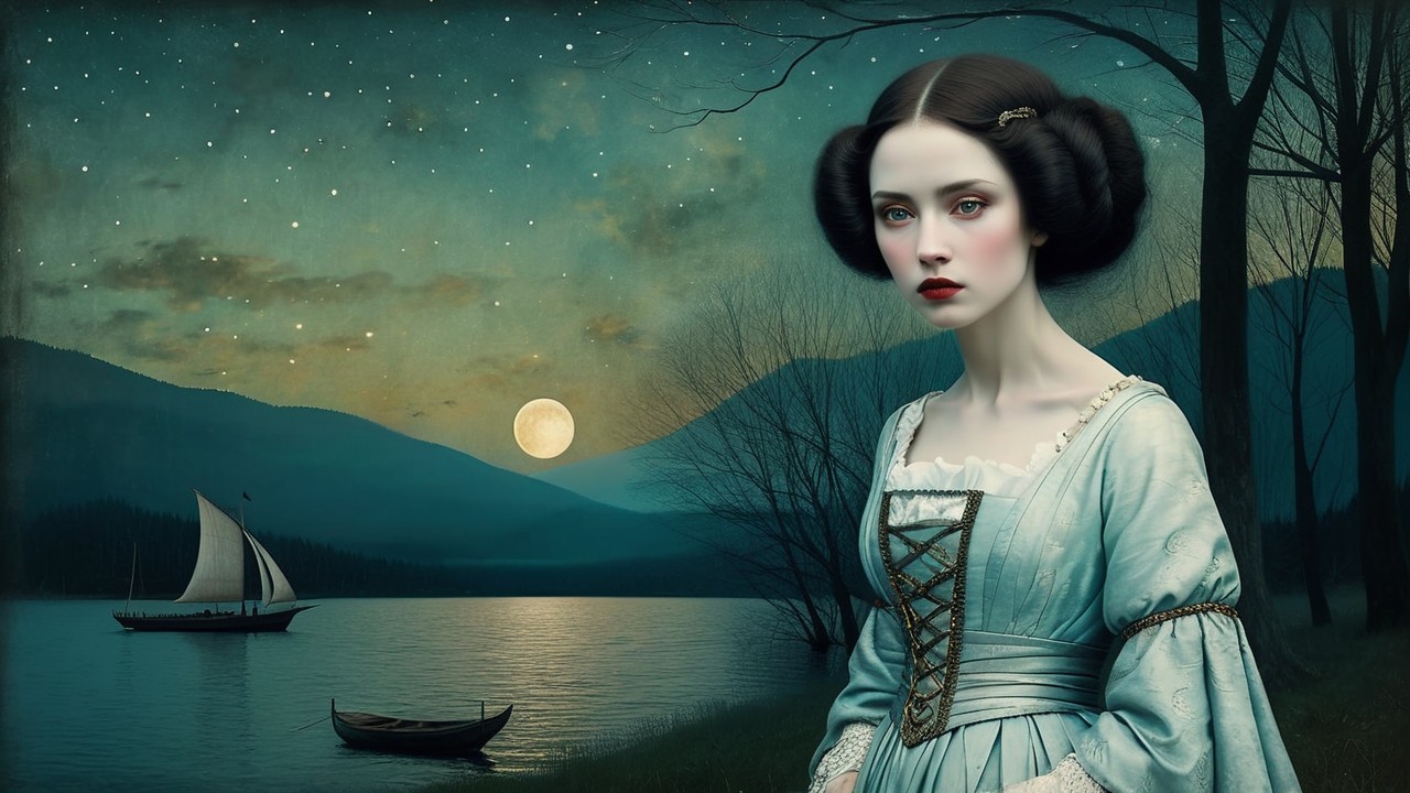 Young Woman in Blue Gown by Serene Lakeside at Night