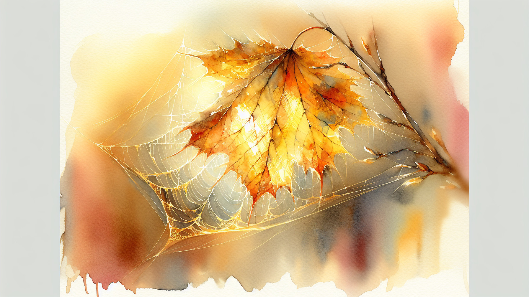 Autumn Leaf with Web on Branch in Soft Light