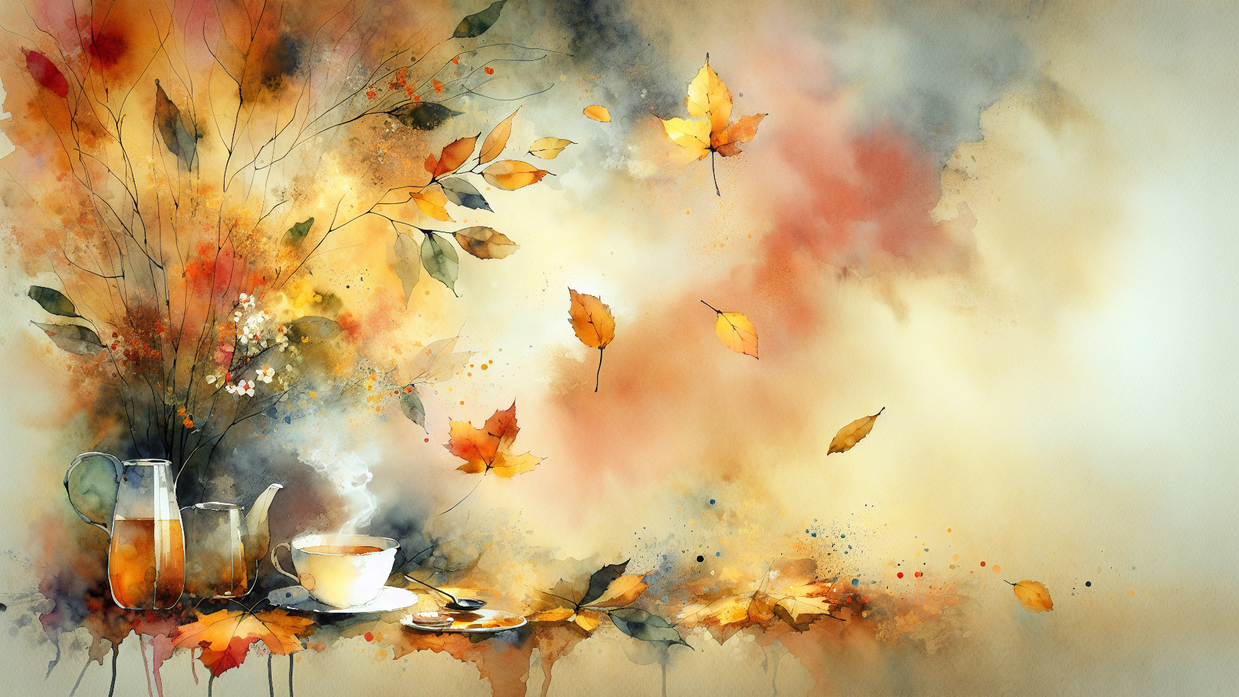 Autumn Scene with Tea and Watercolor Leaves