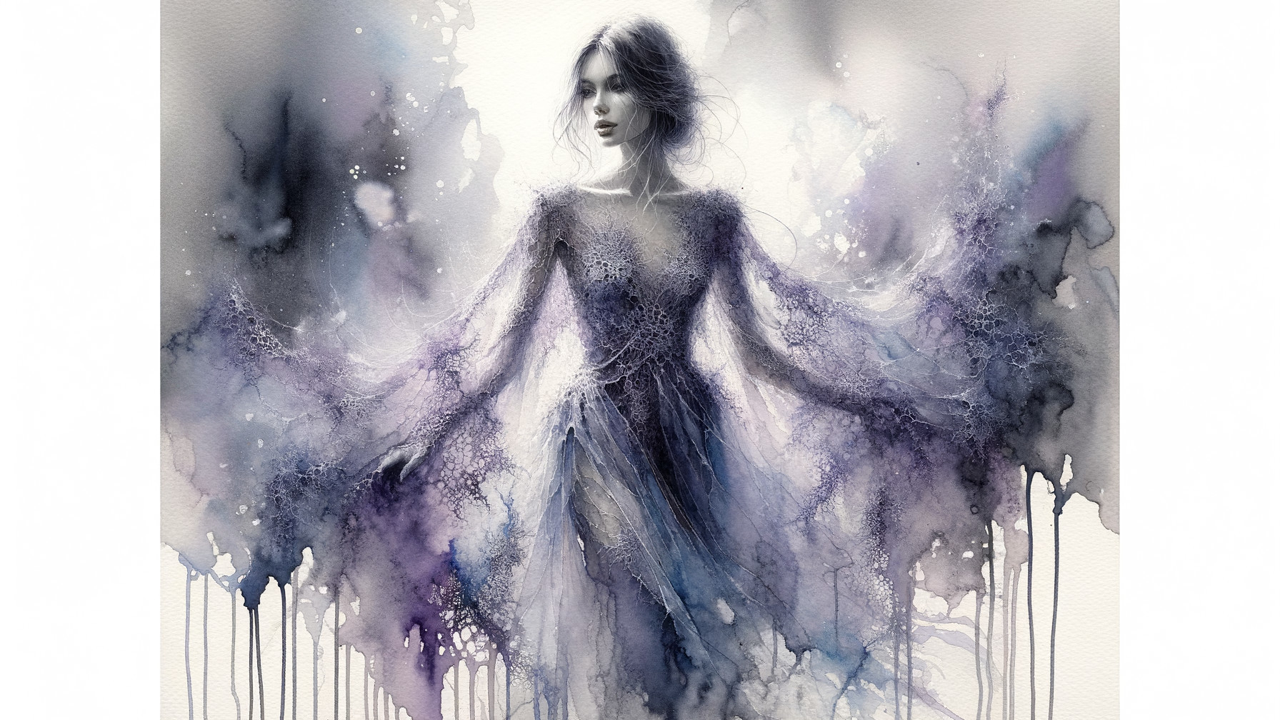 Ethereal Figure in Flowing Gown with Watercolor Effects