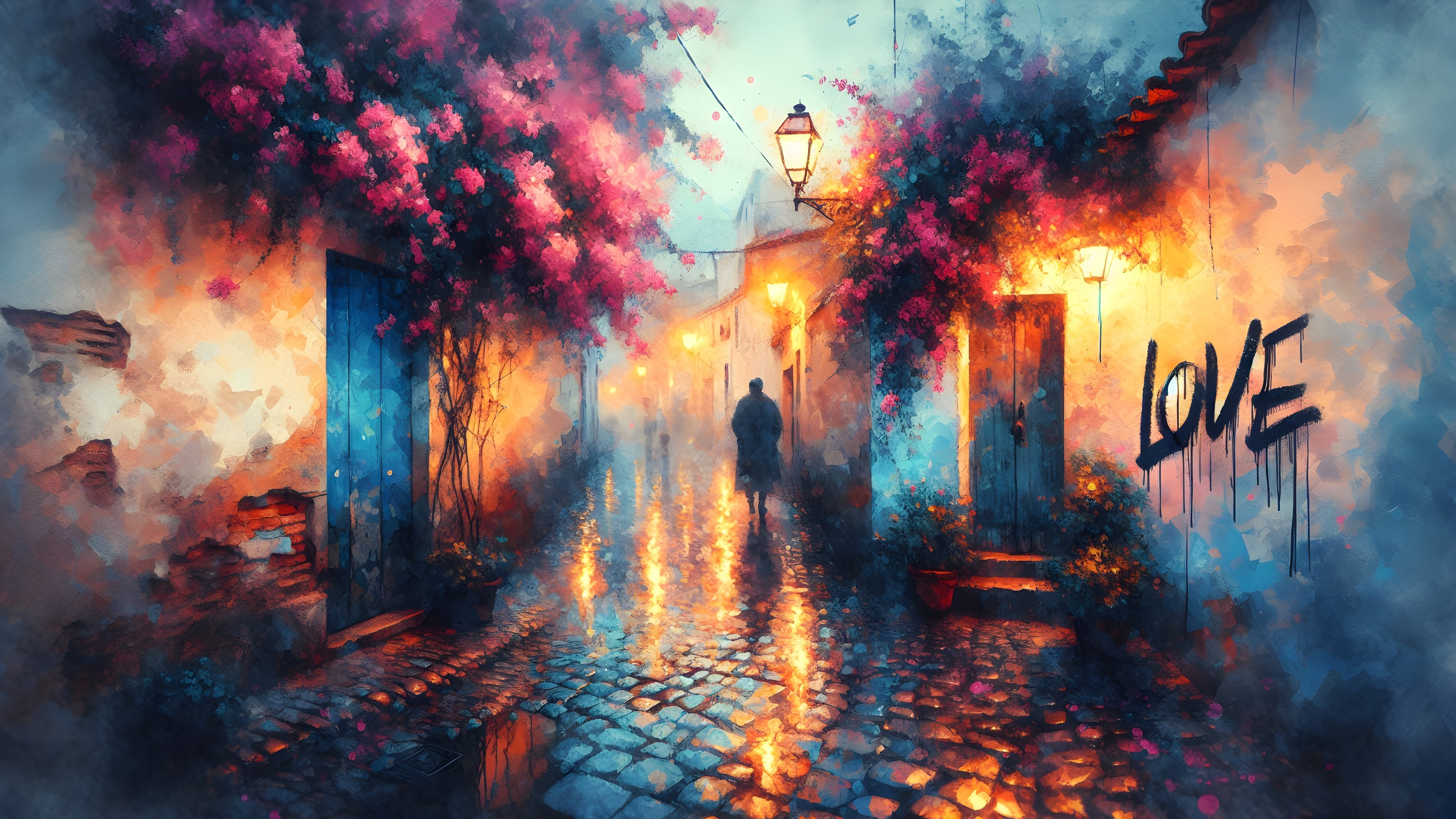 Dreamy Cobblestone Street with Lanterns and Flowers