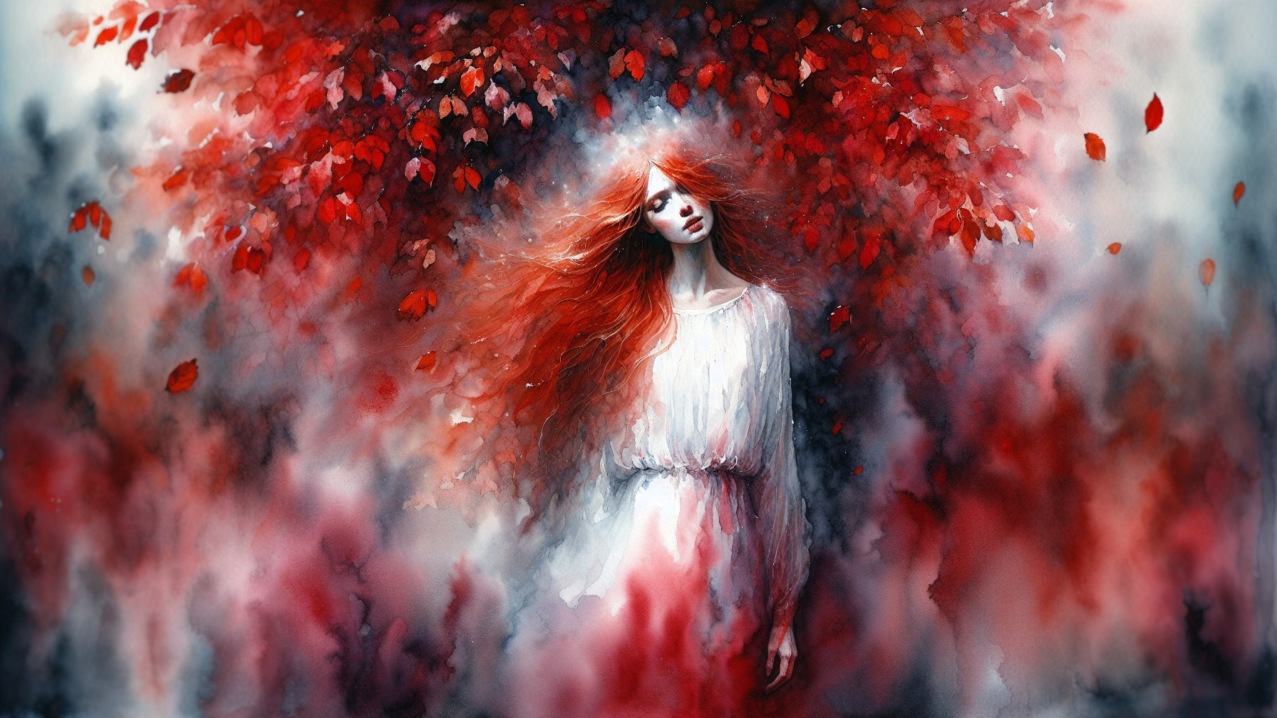 Mystical Figure in Red Leaves and Ethereal Smoke