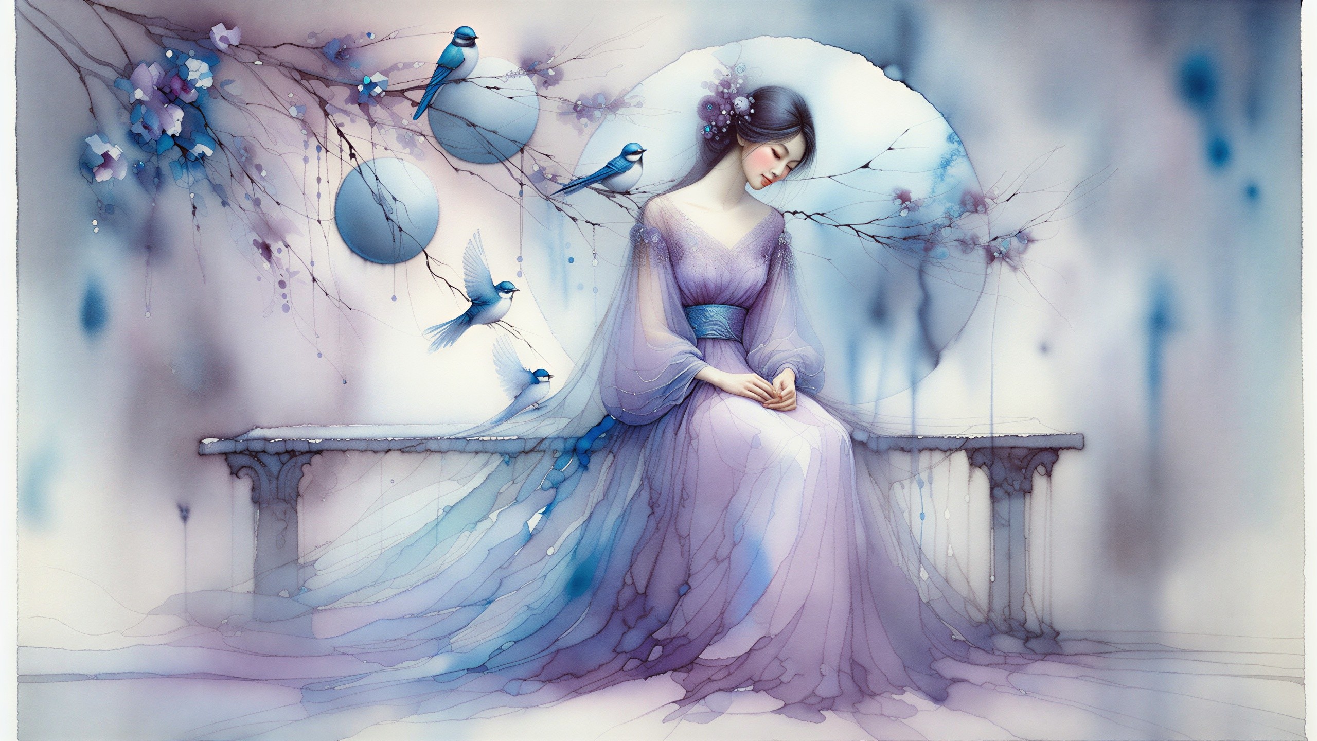 Serene Watercolor Scene of Woman and Nature