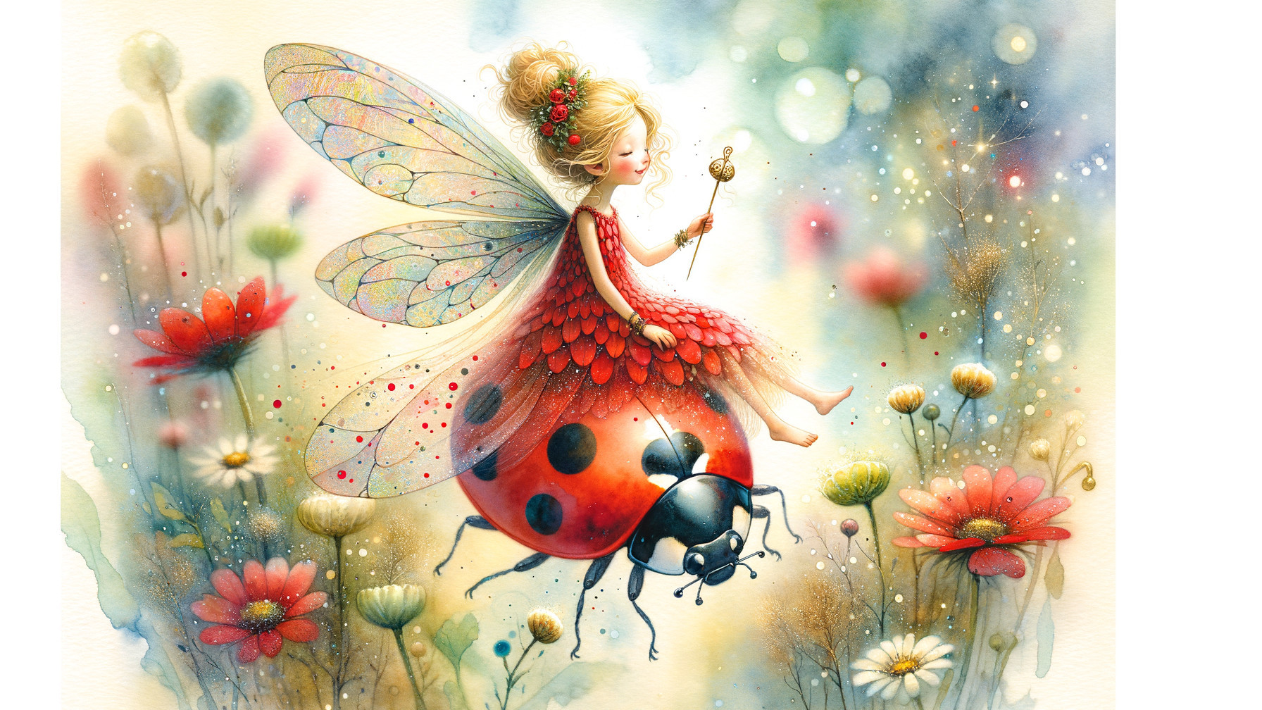 Whimsical Fairy on Ladybug in Dreamy Garden Scene