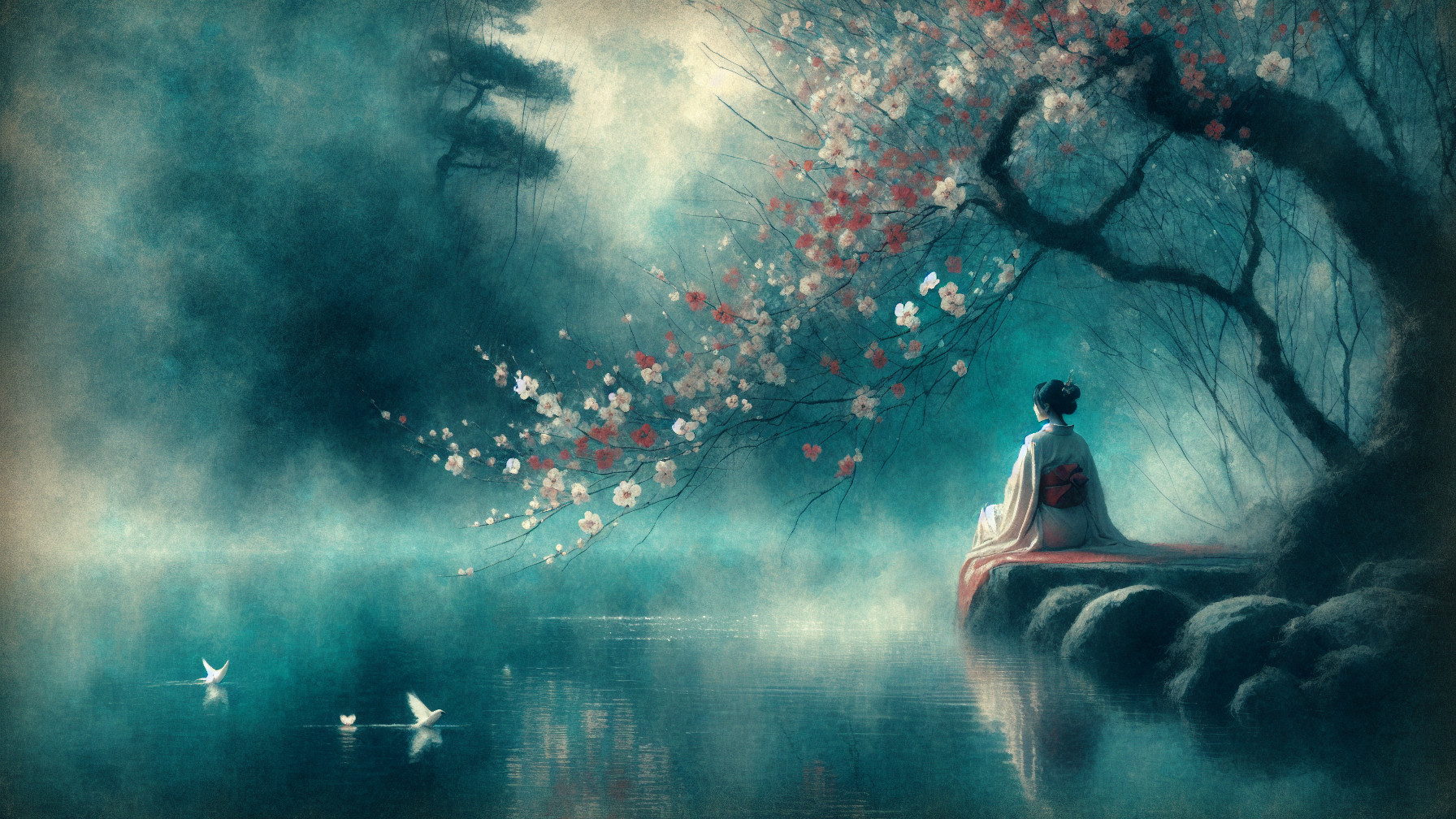 Tranquil Lake Scene with Cherry Blossoms and Swans