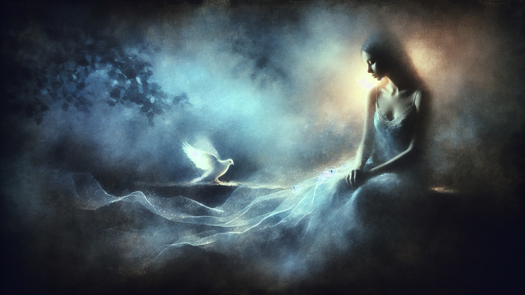 Serene Scene of Woman and Dove in Dreamlike Hues