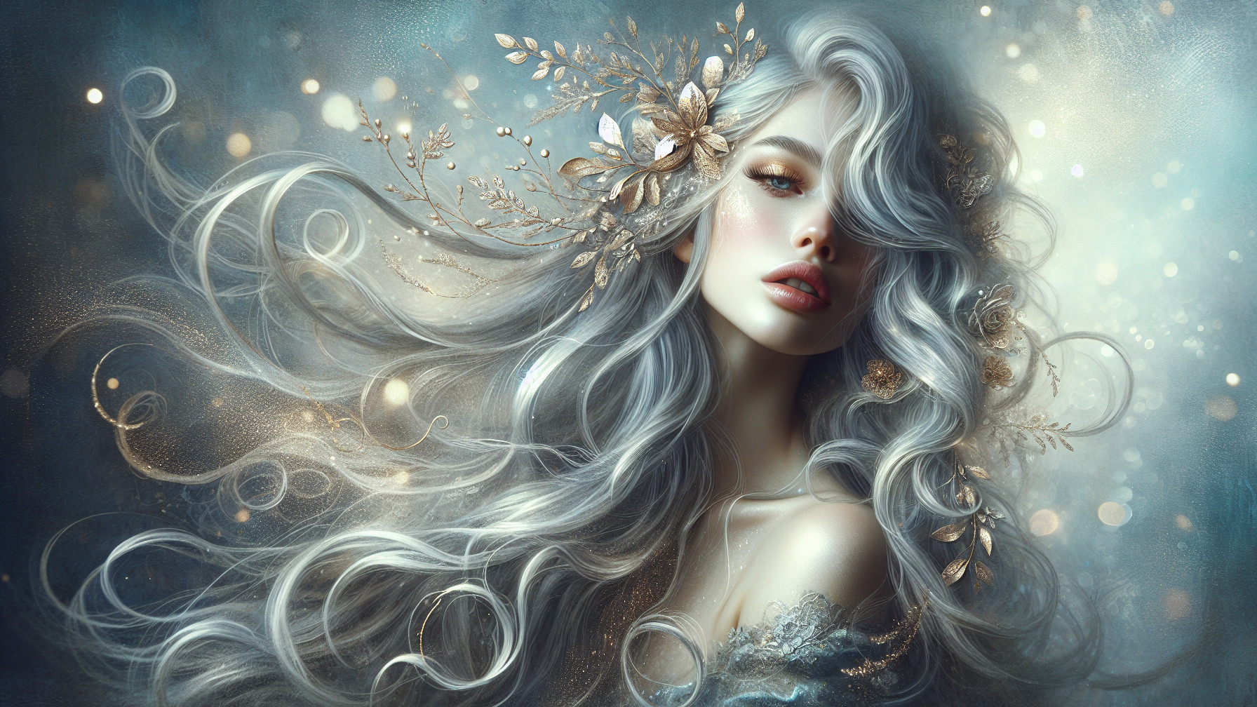 Ethereal Portrait of Woman with Silver Hair and Lights