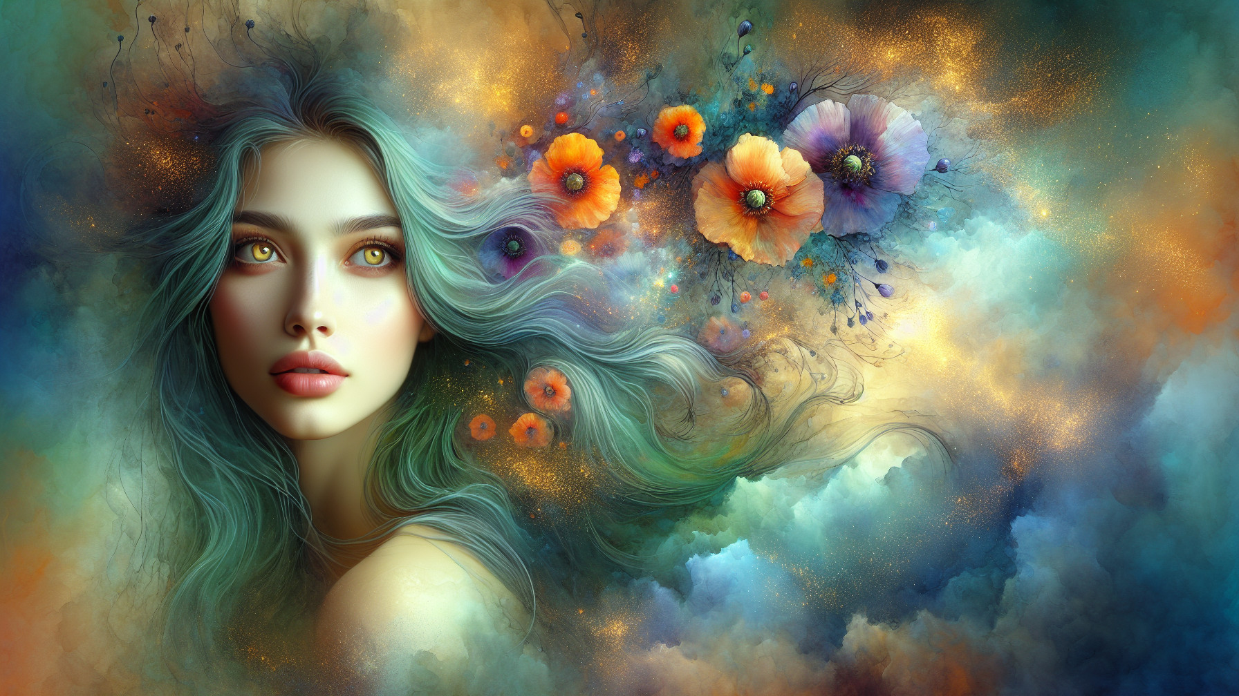 Mystical Woman with Turquoise Hair and Vibrant Flowers