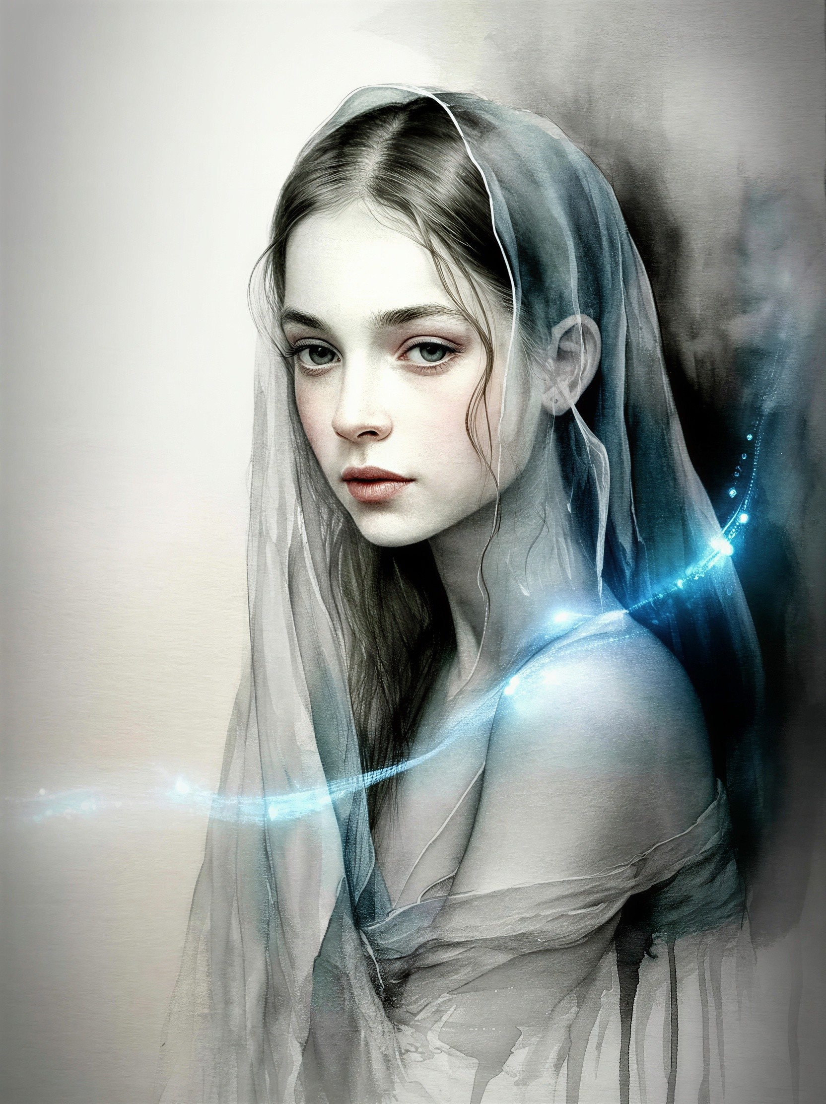 Young girl with veil and ethereal colors in portrait