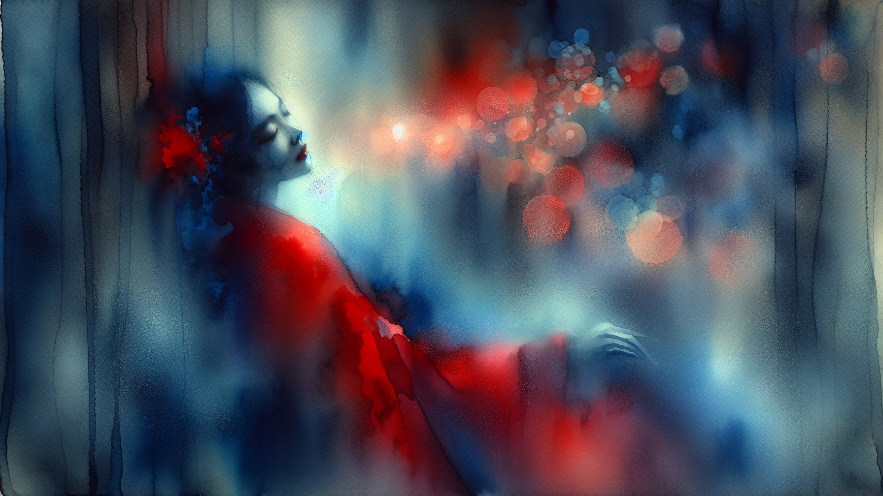 Watercolor Scene of Serene Figure in Red Cloak