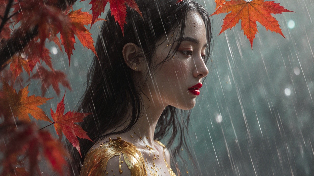 Young woman in rain with autumn leaves backdrop