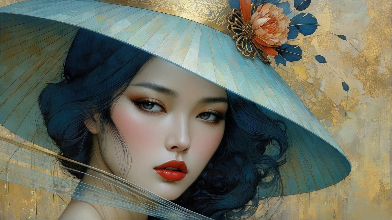 Elegant Woman with Conical Hat and Vibrant Flower