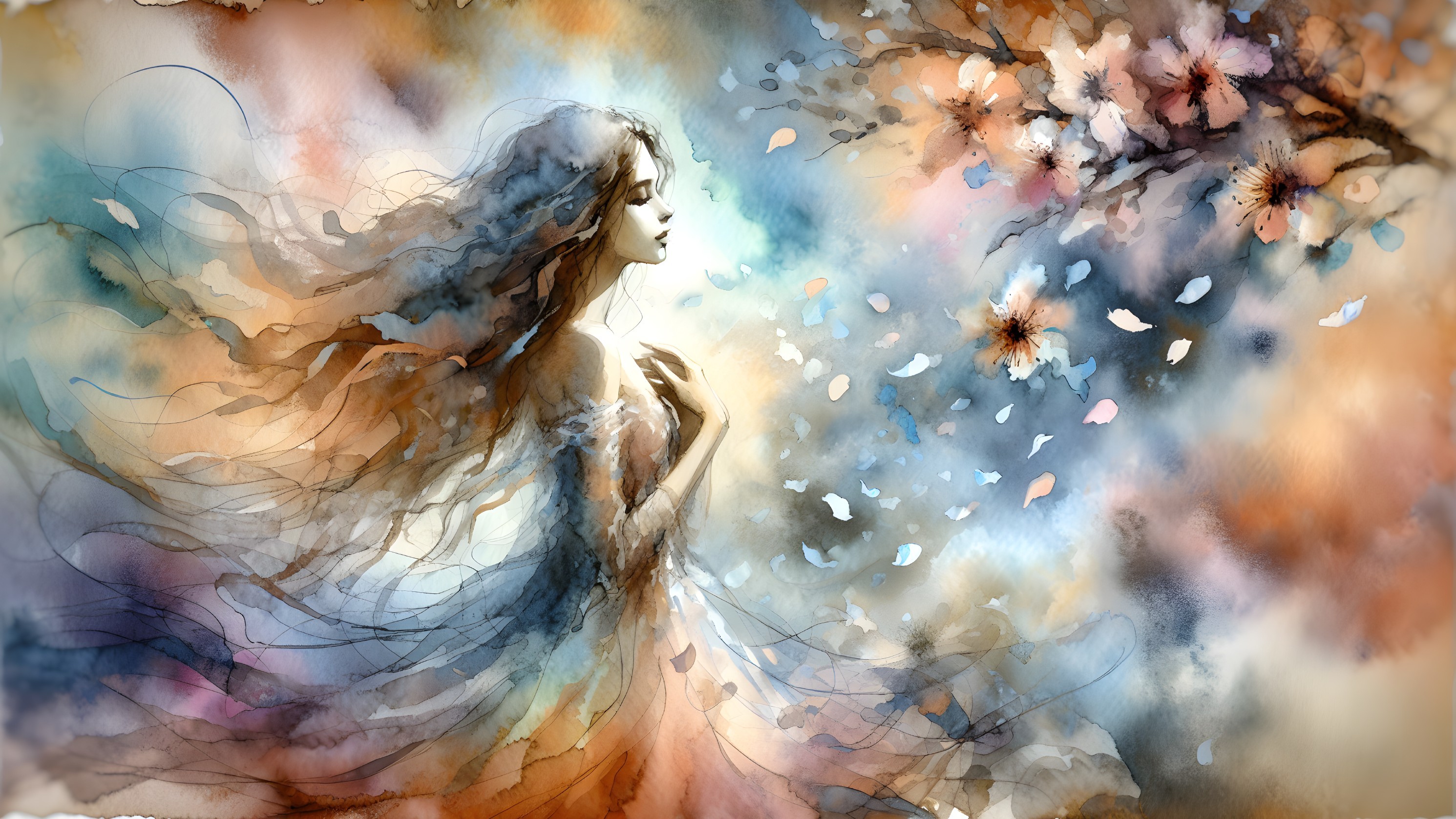 Ethereal Figure in Soft Colors with Blossoming Branches