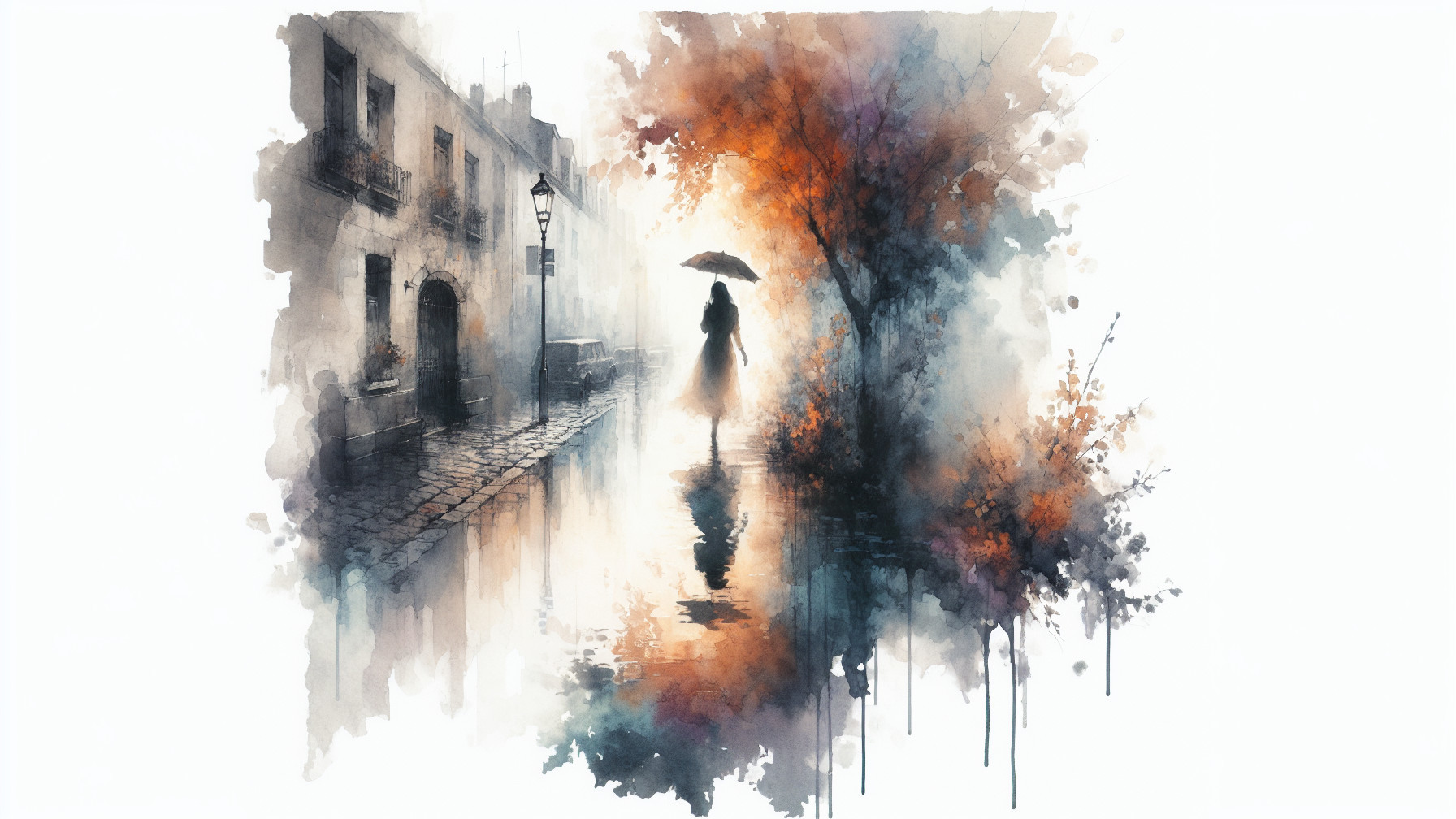 Watercolor Scene of Figure on Cobblestone Street