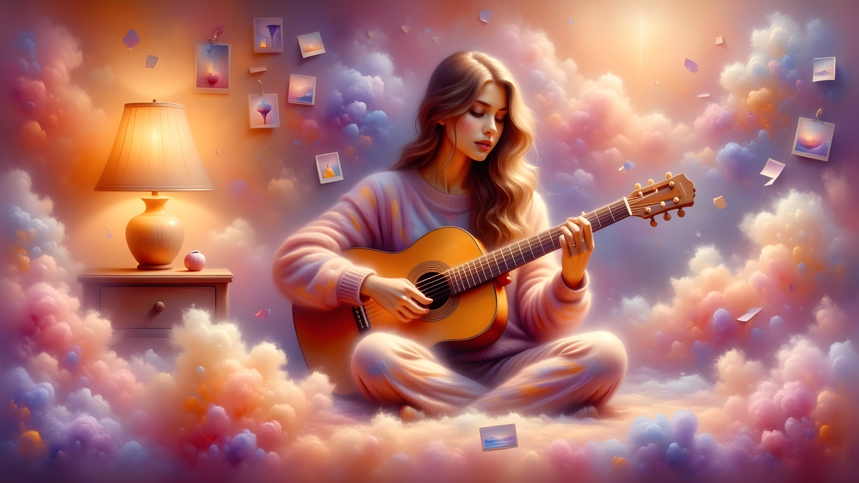 Young woman on cloud with guitar and warm lamp