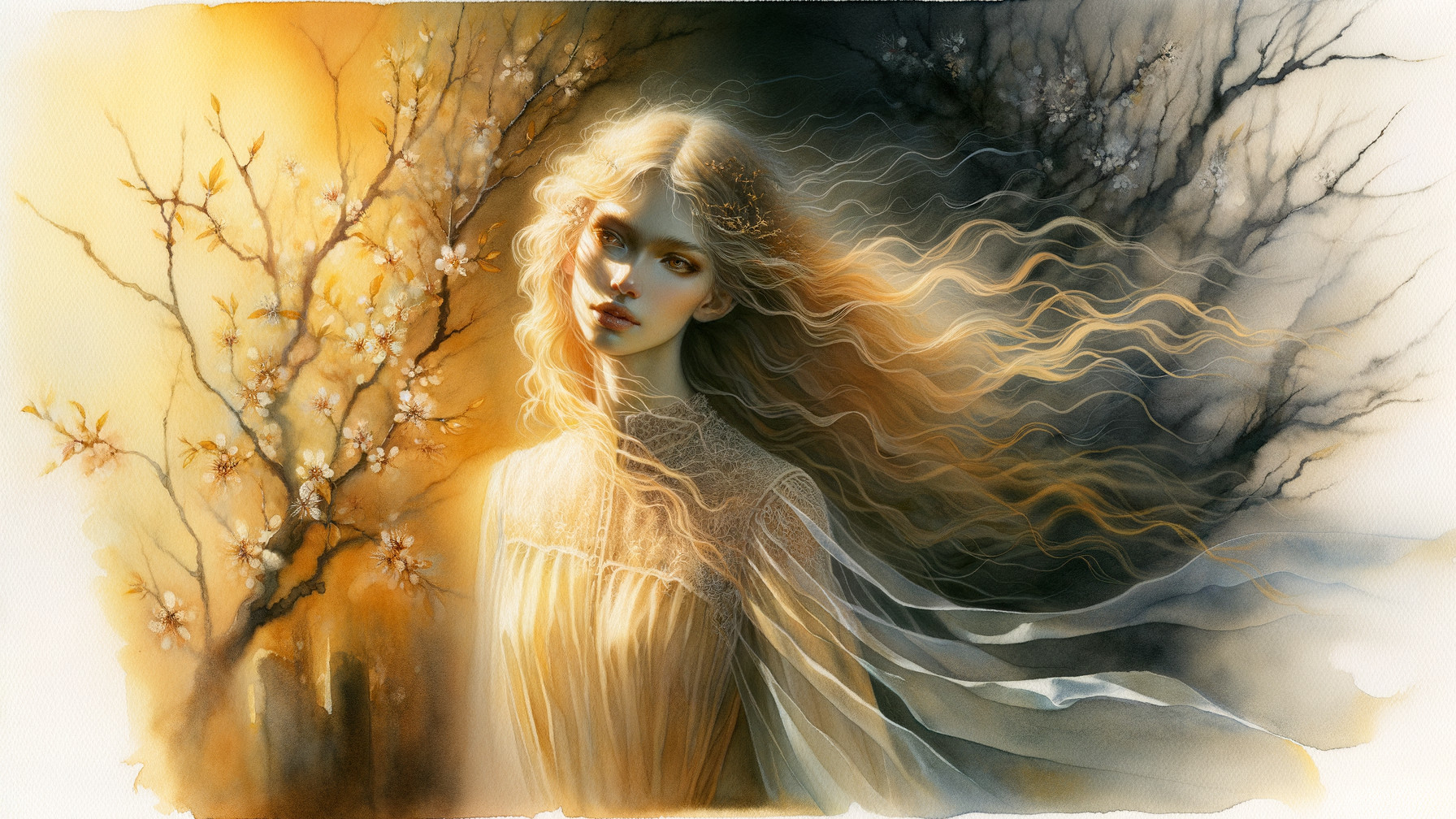 Ethereal Figure Surrounded by Blossoms and Soft Light