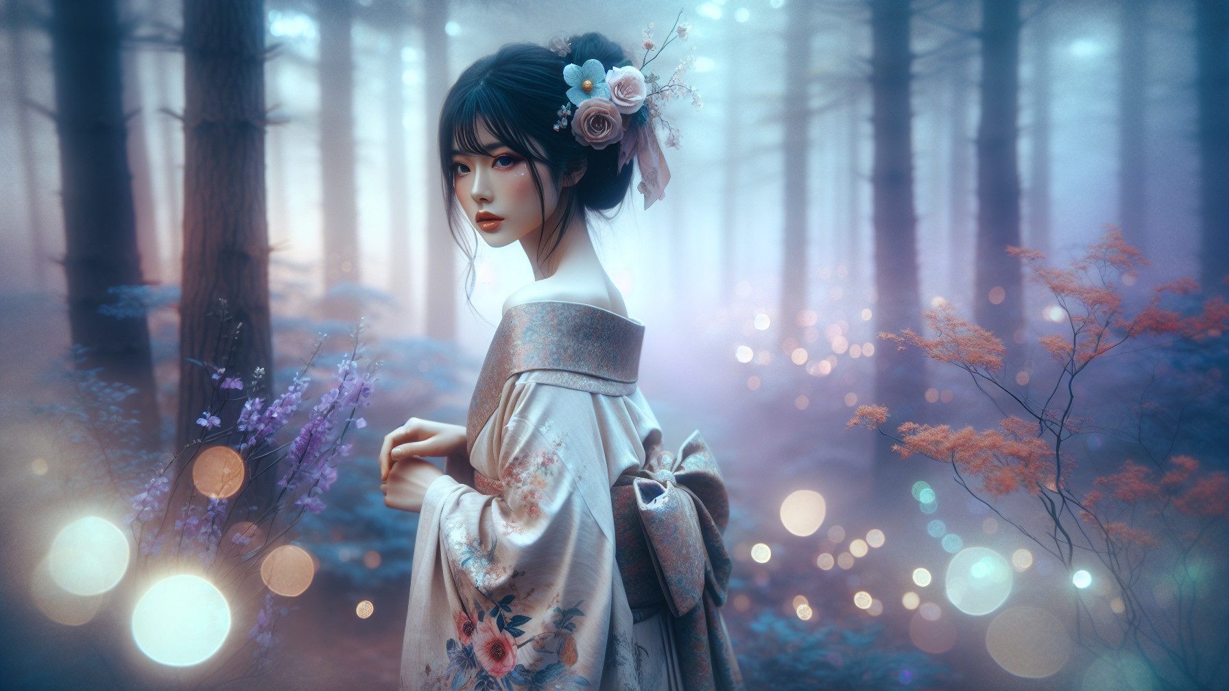 Young Woman in Kimono in Misty Forest Setting